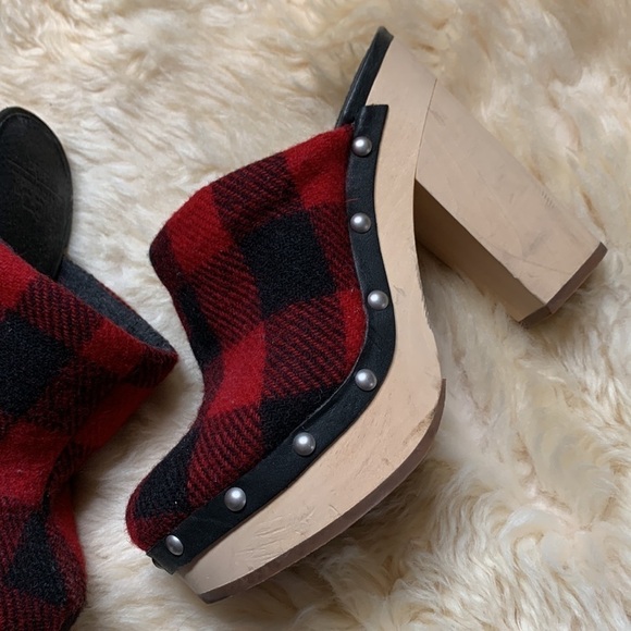Woolrich Limited Edition Buffalo Check Plaid Flannel Wool Wooden Mules Clogs 7.5 - Picture 3 of 12
